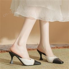 H398-10拼色方头包头凉鞋日常heels仙女风细跟凉鞋女2023春夏新款