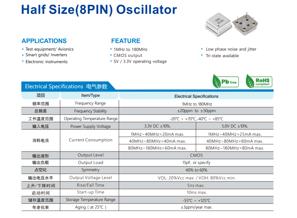 正方形半尺寸PXO8及长方形全尺寸PXO14直插钟振规格参数